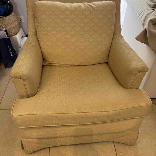 Drexel Heritage classic armchair, beige and gold fabric