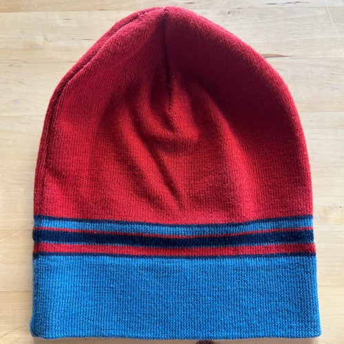 Wool knit cap used, red and blue, size S