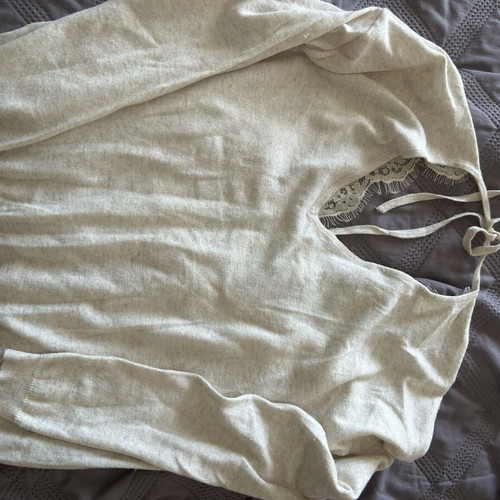 Women's blouse with lace and deep neckline like new, beige, size L