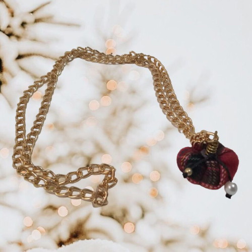 Long Christmas Necklace New With Handmade Mini Pumpkin Red Check