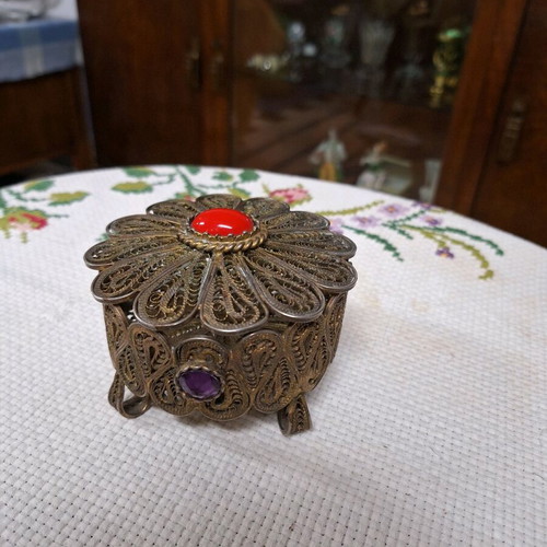 Turkish jewelry box handmade silver used with red stone