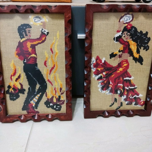 Vintage embroidered dancers paintings on wood like new, set of 2