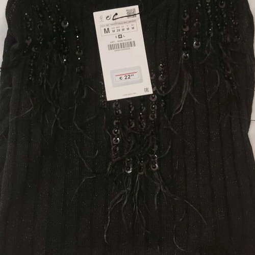 Zara knitted top new, black with beads and feathers, size M