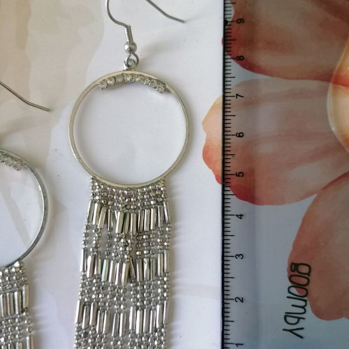 Long earrings new with hoop, rhinestones and dangling chains silver