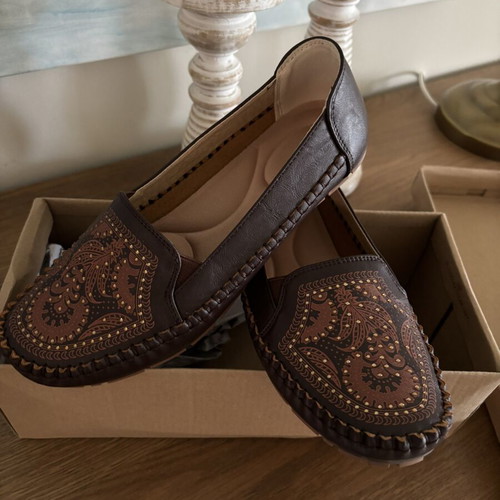 Leather moccasin loafers with paisley embossed design, brown