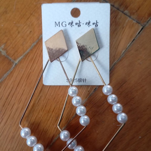 S925 silver geometric drop earrings with white pearls