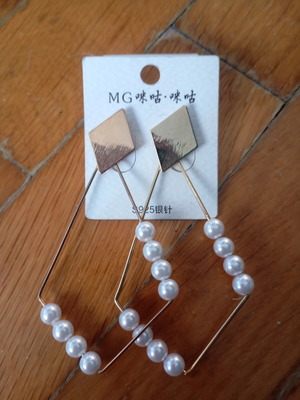 S925 silver geometric drop earrings with white pearls