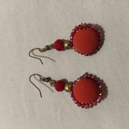 Handmade dangling earrings with red crystal and velour beads like new