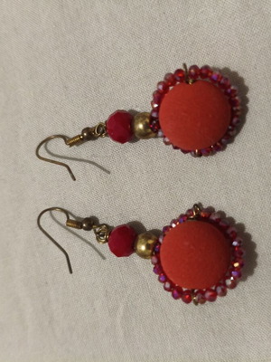 Handmade dangling earrings with red crystal and velour beads like new