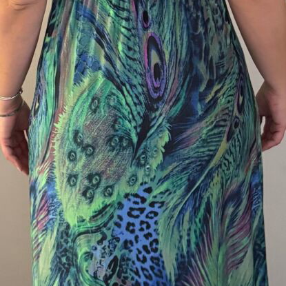 Dress long strapless with peacock feather print, like new