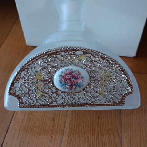 Annabella vintage frosted glass perfume bottle with filigree and porcelain medallion