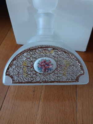 Annabella vintage frosted glass perfume bottle with filigree and porcelain medallion