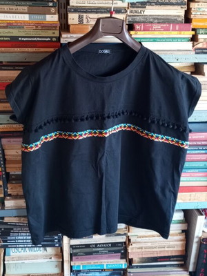 Dogal Black Cotton T-shirt with Boho Details One Size like new