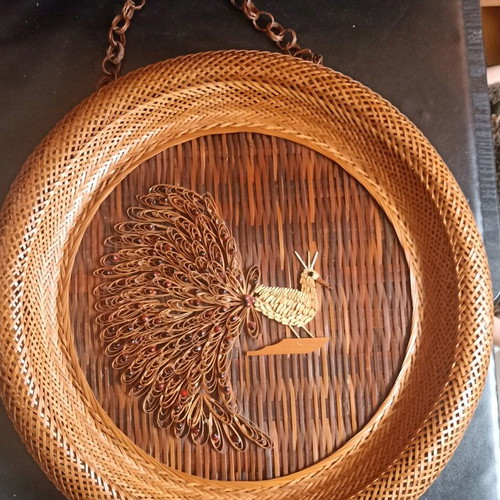 Vintage Boho Wall Decor 43cm Handmade Rattan Peacock
