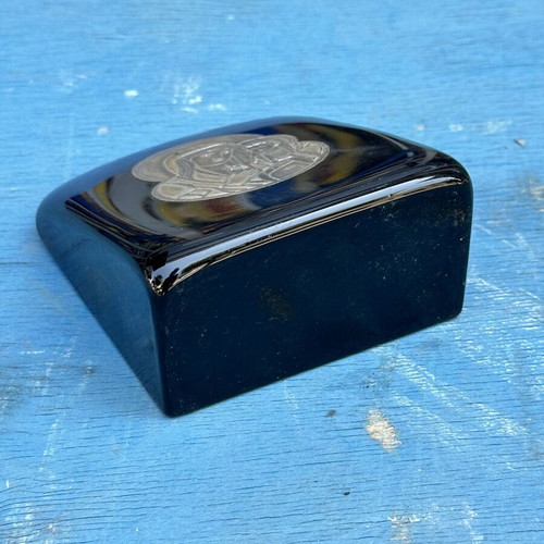 Vintage blue glass paperweight with silver Panagia icon used