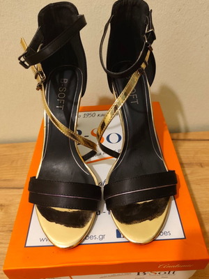 Be Soft sandals like new, black and pink-gold, ankle strap, heel 10 cm