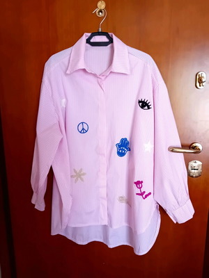 Women's cotton shirt with elastane almost unused, pink and white, size XL