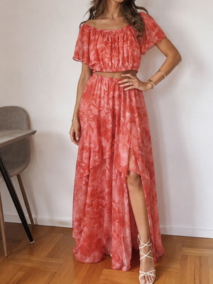 Skirt and top set with gold thread coral floral like new