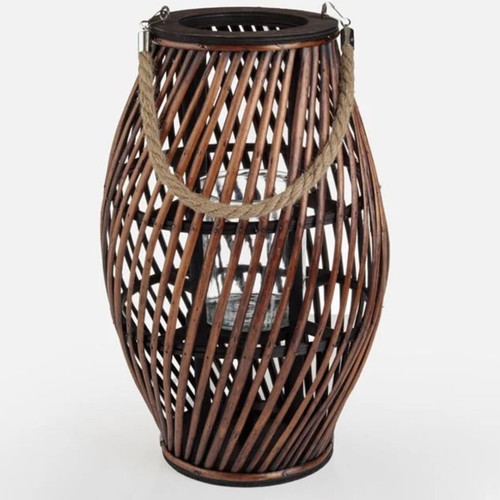 Oval rattan lantern dark color new with glass candle holder