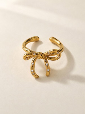 Adjustable bow ring with rhinestones, new, gold tone