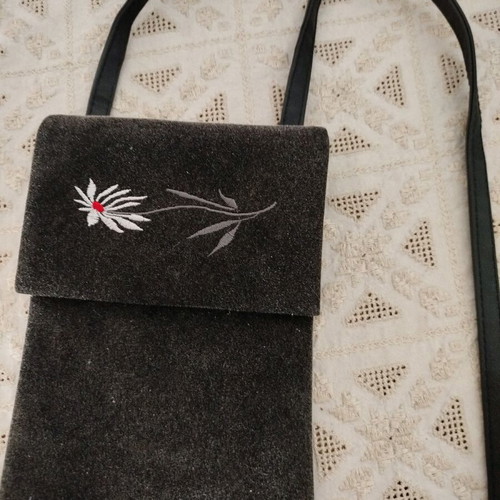 Velvet crossbody bag like new, embroidered flower, metallic anthracite