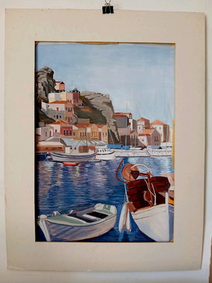 Symi Harbor tempera painting on paper 35×50 like new