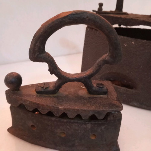 Old charcoal irons used, set of two, cast iron