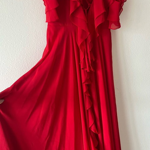 Red maxi dress with ruffles, slit and open back like new