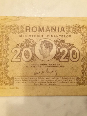 Χαρτονόμισμα 20 λέι Ρουμανίας 1945 μεταχειρισμένο, Βασίλειο της Ρουμανίας, Μιχαήλ Ι