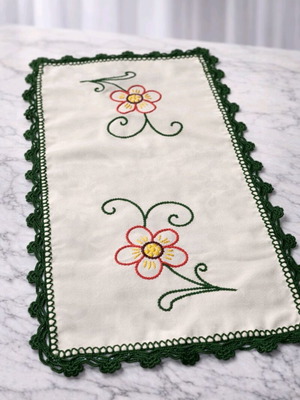 Decorative Table Runner with Crochet Flower Design and Green Details new