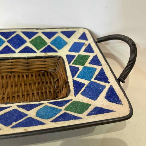 Vintage wicker basket with ceramic mosaic and metal handles used
