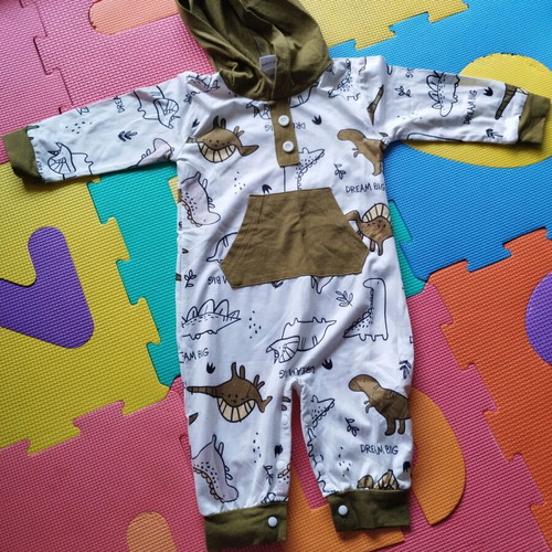 Hooded baby romper for 3-6 months new, khaki with dinosaurs