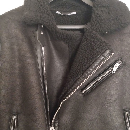 Zara Shearling Aviator Biker Jacket, black, size L