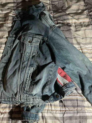 Jean jacket women's used, size L to XL, white and blue