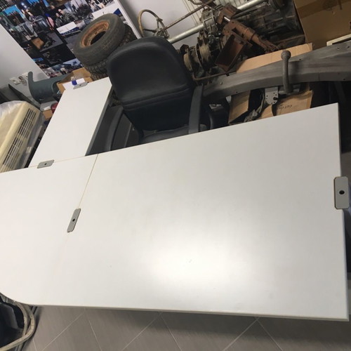 Corner desk used with adjustable height, chair and drawer unit