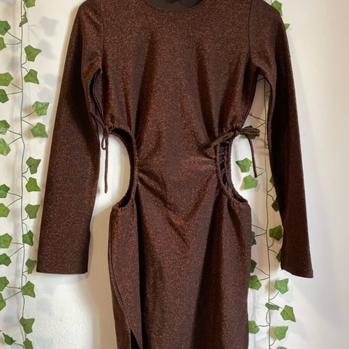 H&M dress with glitter and cutouts, used, size S, brown