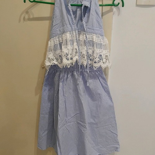 Blue checked dress with embroidery like new