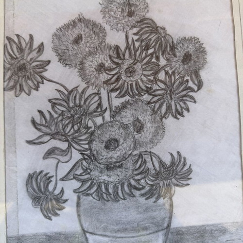 Pencil sketch in wooden frame with protective glass
