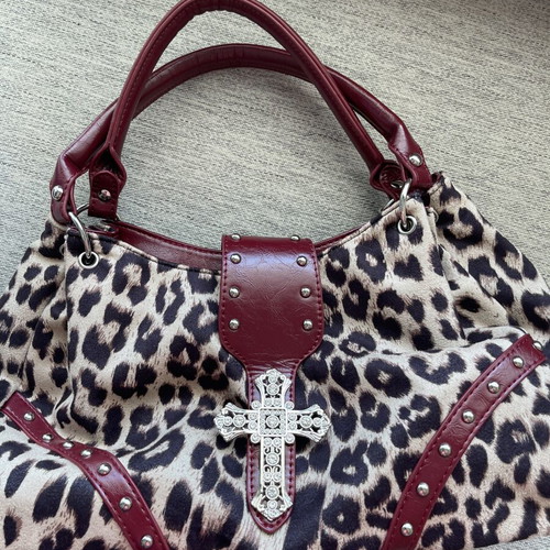Leopard Print Shoulder Bag like new with Rhinestone Cross and Burgundy Trim