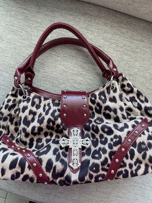 Leopard Print Shoulder Bag like new with Rhinestone Cross and Burgundy Trim