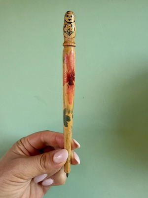 Vintage pen used, handmade Russian folk art wooden matryoshka design