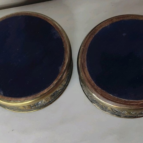 Wine Coasters used, silver metal with wooden base, repoussé grape motif