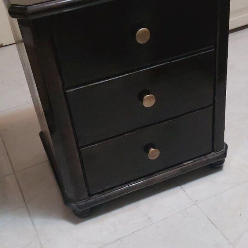 Wooden vintage nightstand with 3 drawers used, dark brown
