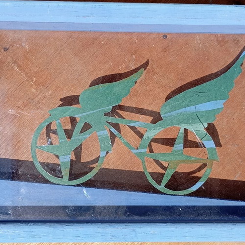 Artwork Flying Bicycle by Kostas Spyropoulos in blue wooden frame