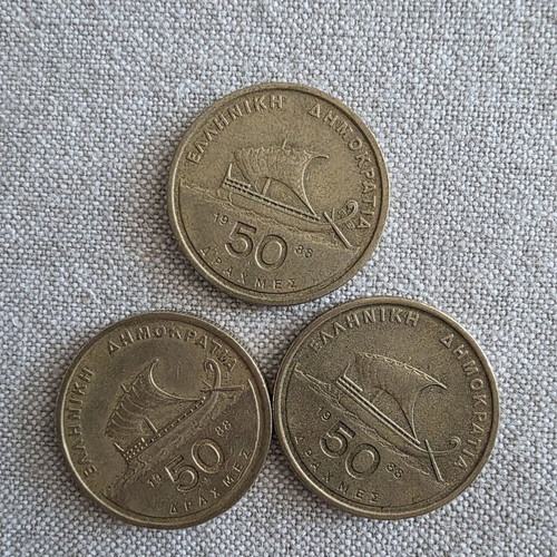 50 Drachma Coins Used, Pack of 18 with Triheir and Parliament Designs
