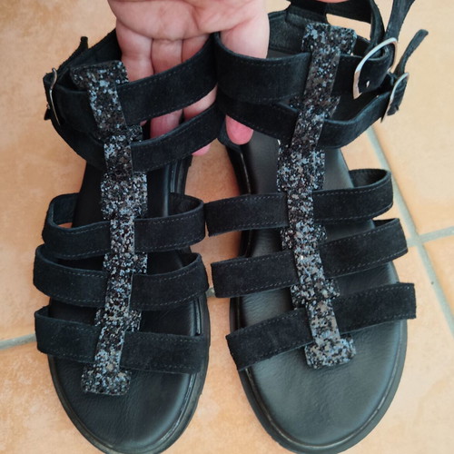 Evangelia Drosi women's leather gladiator sandals glitter black size 40