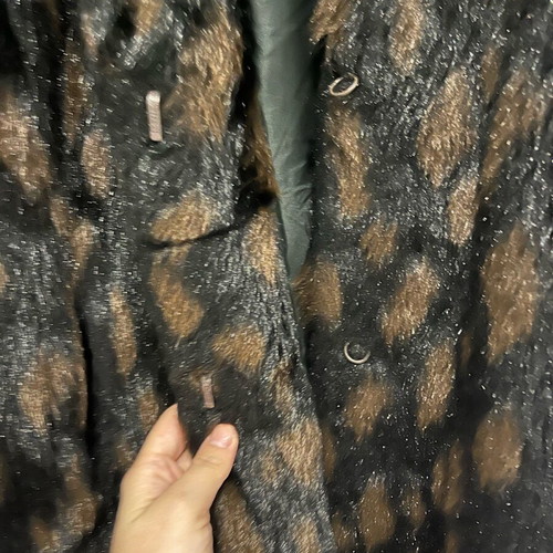 Eco fur coat with hood used, brown, oversized S-M