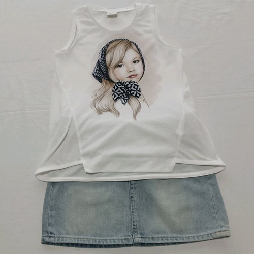 Mayoral kids set blouse with back transparency and H&M denim skirt 7-8 years like new