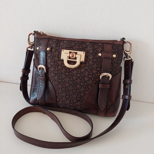 DKNY crossbody bag used, leather and fabric, medium size, brown