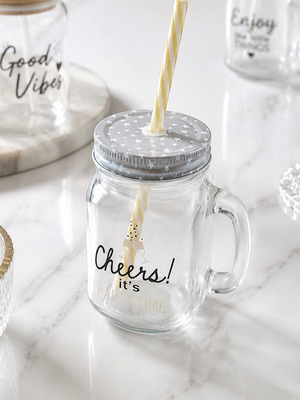 Γυάλινη κούπα Mason Jar με καπάκι και καλαμάκι Cheers! It's Party Time, καινούργια